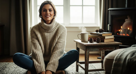 Portrait of a beautiful young woman sitting on the floor by the fireplace at home.の素材