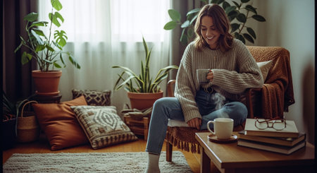 Beautiful young woman is drinking coffee and smiling while sitting on the sofa at homeの素材