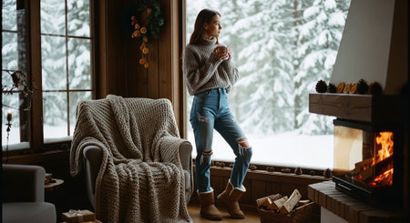 Beautiful young woman in a knitted sweater and jeans stands near the fireplace in the winter house.の素材