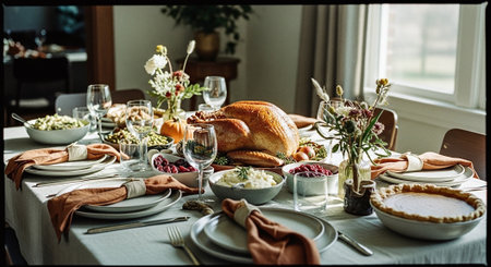 Festive Easter table setting with turkey and cutlery, selective focusの素材