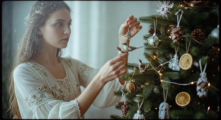 Young woman decorating christmas tree at home. Winter holidays.の素材