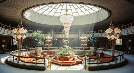 Interior of a hotel lobby with a view of the lobby.の素材