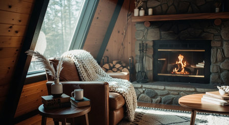 Cozy living room with armchair, coffee cup and fireplace.の素材