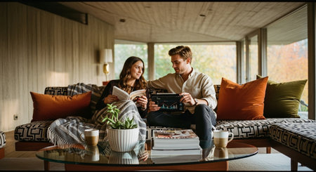 Young couple sitting on sofa and reading magazine in the living room at homeの素材