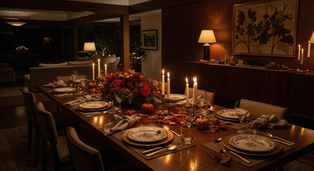 Beautiful table setting for Thanksgiving dinner at night in a cozy restaurantの素材