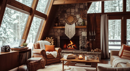 Interior of a cozy living room with fireplace and comfortable armchairの素材