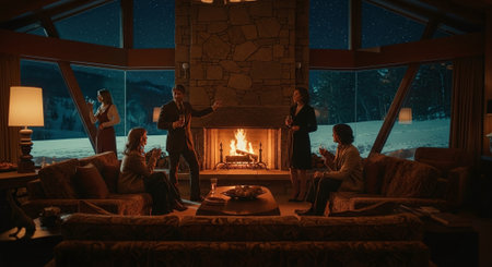 Group of friends sitting around a fireplace in a cozy house at nightの素材