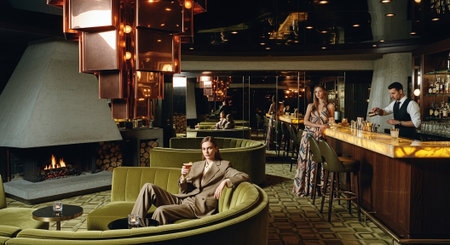 Young man sitting in a bar and looking at the camera. Night life.の素材