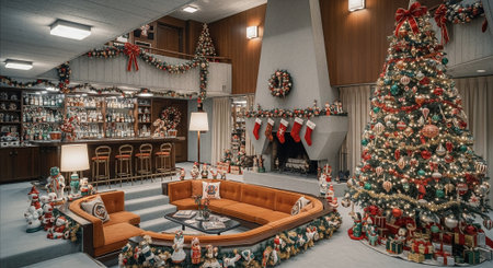 Christmas and New Year decoration. Decorated living room interior.の素材