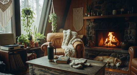 Cozy living room with fireplace, comfortable armchair, knitted plaid, coffee cup and dogの素材