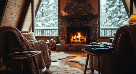 Interior of cozy living room with fireplace and armchair. Cozy winter home.の素材
