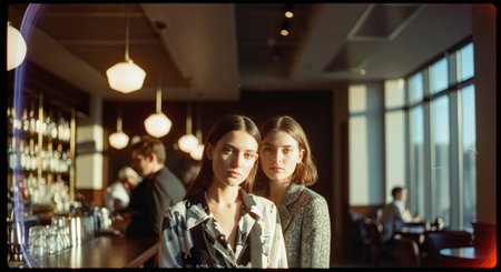 Portrait of two young women sitting in a cafe and looking at the cameraの素材