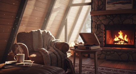 Cozy living room with fireplace, armchair, laptop and coffee cupの素材