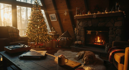 Christmas tree and fireplace in cozy living room interior. Cozy winter home.の素材