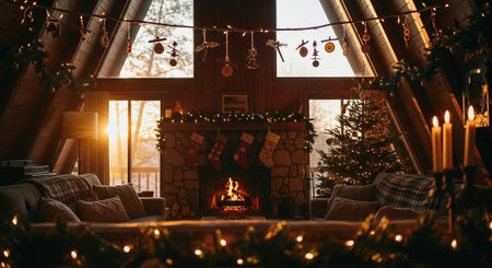Interior of a cozy living room with a fireplace and Christmas decorationsの素材