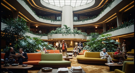 Luxury hotel lobby interior with people sitting on sofa and reading booksの素材