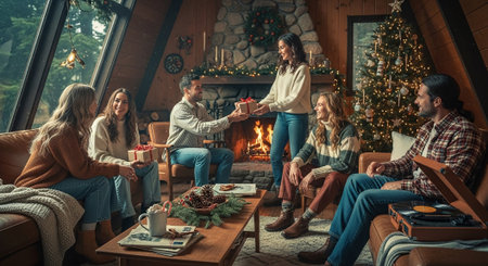 Group of friends sitting on the sofa in front of the fireplace and celebrating Christmasの素材