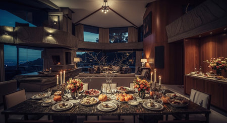 Luxury dining room with a beautiful view of the mountains.の素材