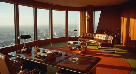 Interior of a hotel room with a view of the city.の素材