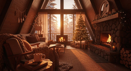 Cozy living room with Christmas tree and fireplace. 3d renderの素材