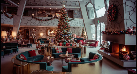 Christmas tree with presents in the lobby of a modern luxury hotel.の素材