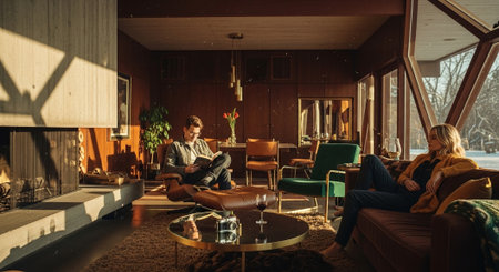 Young couple sitting in living room and reading a book at home.の素材