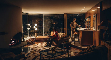 Handsome young man sitting in front of fireplace in luxury hotel roomの素材