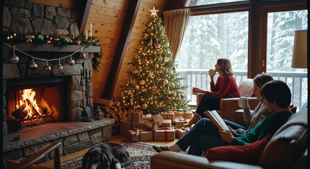 Merry Christmas and Happy Holidays! Young couple in love sitting on the floor near the fireplace and reading a book.の素材