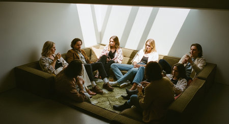 Group of young people sitting on sofa at home and using mobile phonesの素材