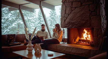 Young couple sitting by fireplace and reading book. Man and woman relaxing at home.の素材