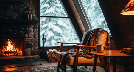 Cozy living room with fireplace and comfortable armchair. Cozy winter evening at home.の素材