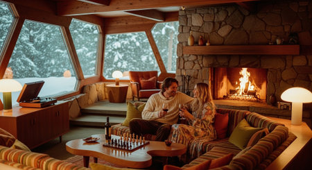Young couple sitting in front of fireplace and drinking coffee at home.の素材