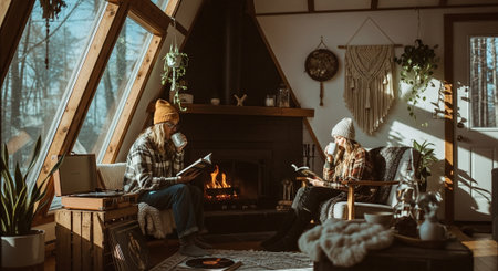 Couple in warm clothes reading book while sitting on sofa at homeの素材