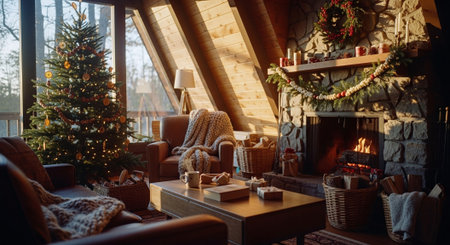 Cozy living room with fireplace and christmas tree in the backgroundの素材