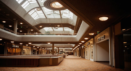 Interior of a modern shopping mall with a lot of shops and restaurantsの素材