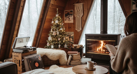 Young woman is reading a book by the fireplace in the winter forestの素材