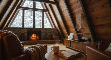 Interior of a cozy chalet with a fireplace and a sofaの素材