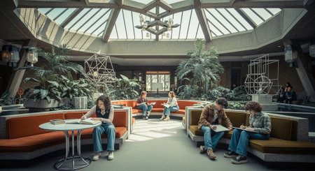 Group of students sitting in a cafe and drinking coffee or tea.の素材