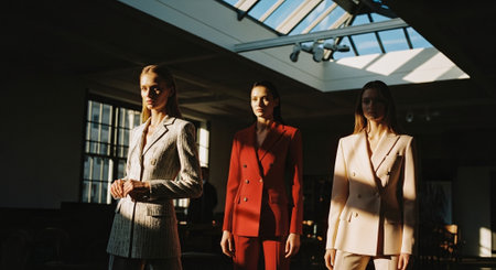 Group of business people standing in office and looking at camera. Businesswomen and businesswoman in formal wear.の素材