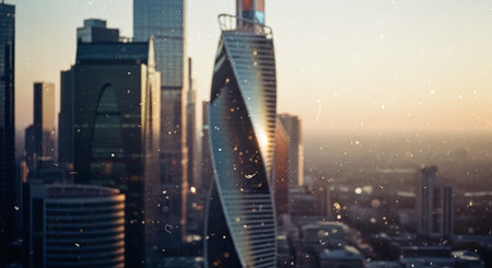 Aerial view of skyscrapers at sunset, Moscow, Russiaの素材
