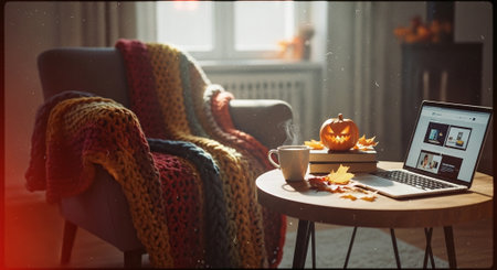 Halloween pumpkin, knitted blanket and cup of coffee at homeの素材