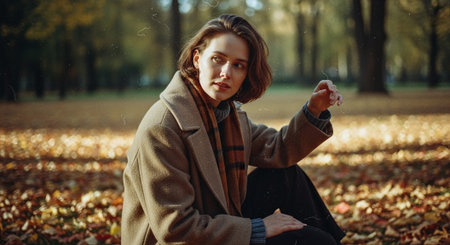 Portrait of a young woman in a coat sitting in the autumn parkの素材