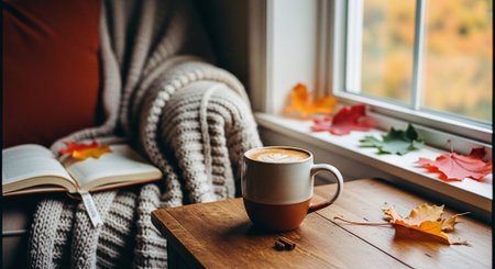 Cup of coffee and book on the windowsill. Autumn mood.の素材
