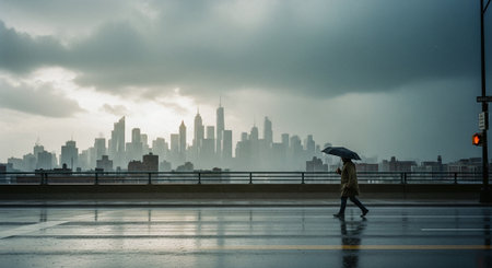 Silhouette of a man with umbrella walking on the road with city backgroundの素材