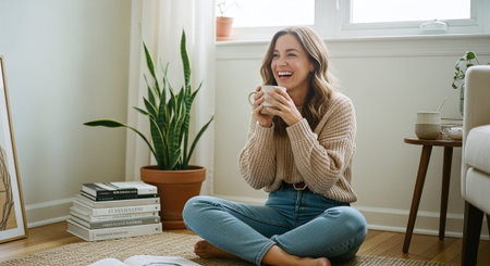 Smiling young woman drinking coffee while sitting on the floor at homeの素材