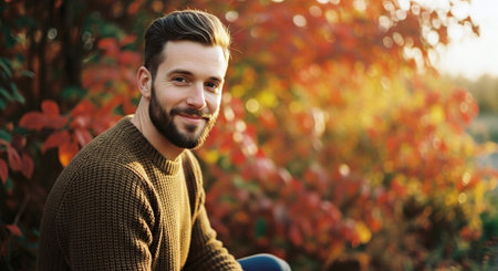 Portrait of a handsome young man with a beard in the autumn parkの素材