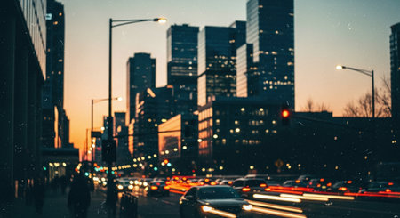 Blurred image of traffic on a city street at sunset. Abstract background.の素材