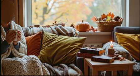 Autumn cozy home interior. Cozy living room with sofa, books, cup of hot drink and autumn decorations.の素材