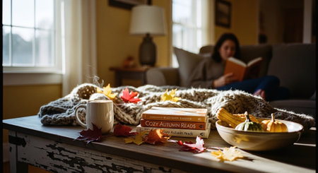 Autumn still life with books, cup of coffee and maple leavesの素材