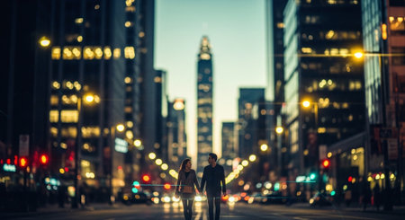 Businessman walking on the street in New York City at night.の素材